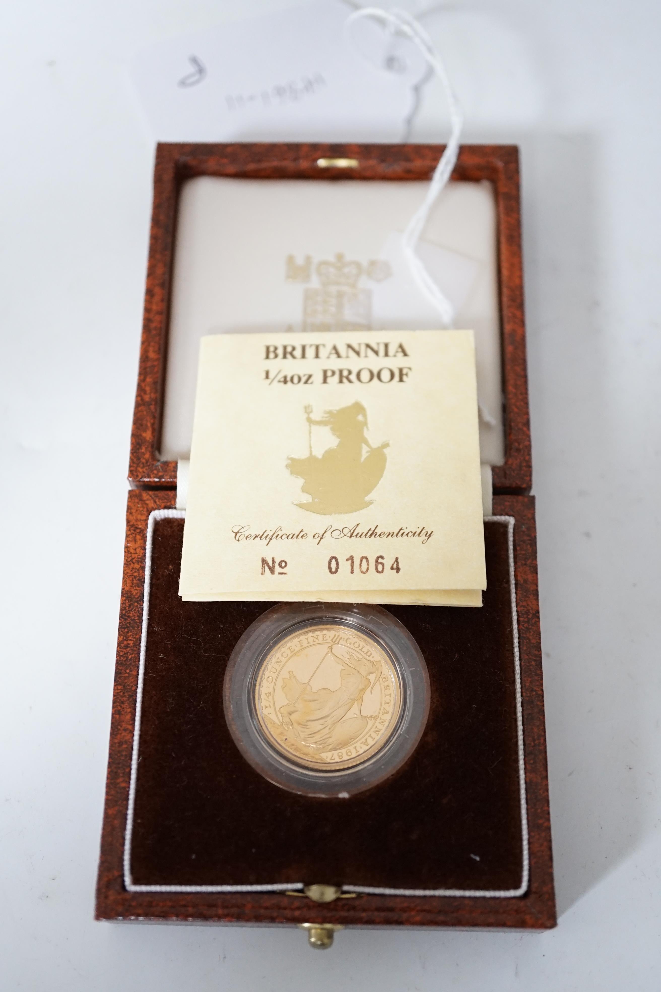 British gold coins, 1987 Royal Mint Britannia 1/4 oz. proof gold £25 coin, in case of issue with certificate
